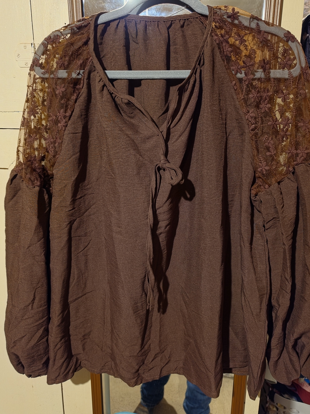 Brown Women's Peasant Blouse with Lace Yoke